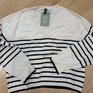 H&M Black and White Striped V-Neck Sweater